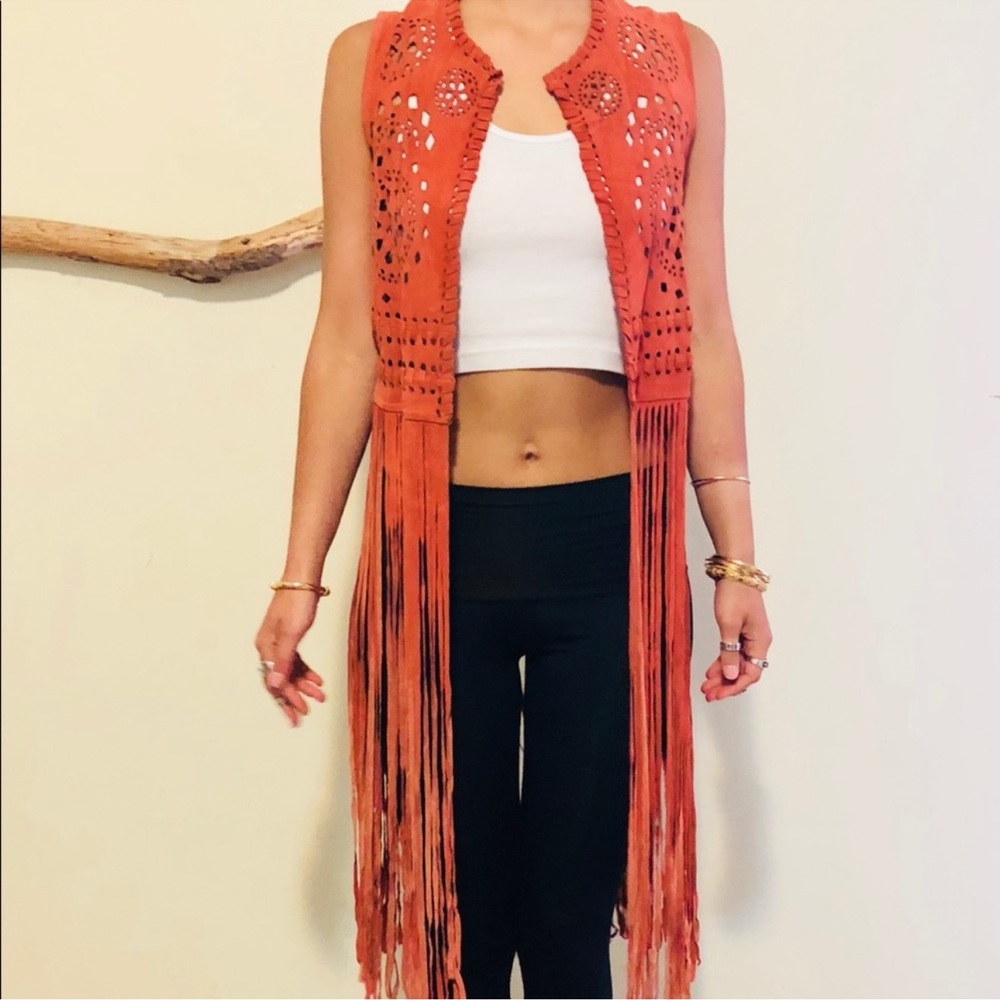 Coachella Suede Orange Vest Cover Up One Size